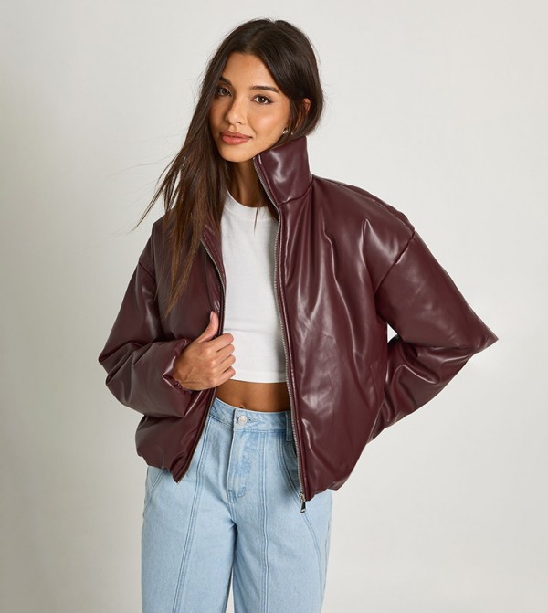 Faux Leather High Neck Biker Jacket