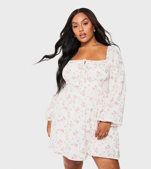 Curve Floral Print Chiffon Blouson Skater Dress