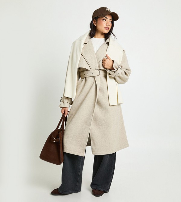 Belted Wool Look Oversized Trench Coat