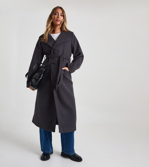 كوت شبه صوف طويل بحزام 