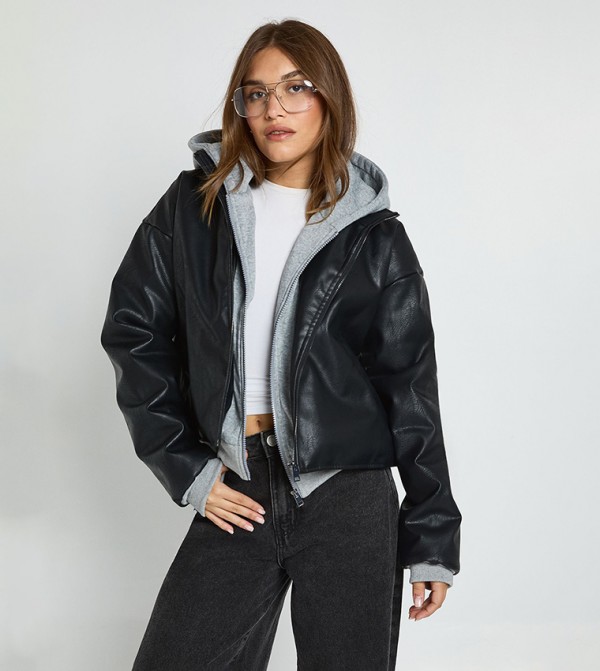 Faux Leather Hooded Bomber Jacket