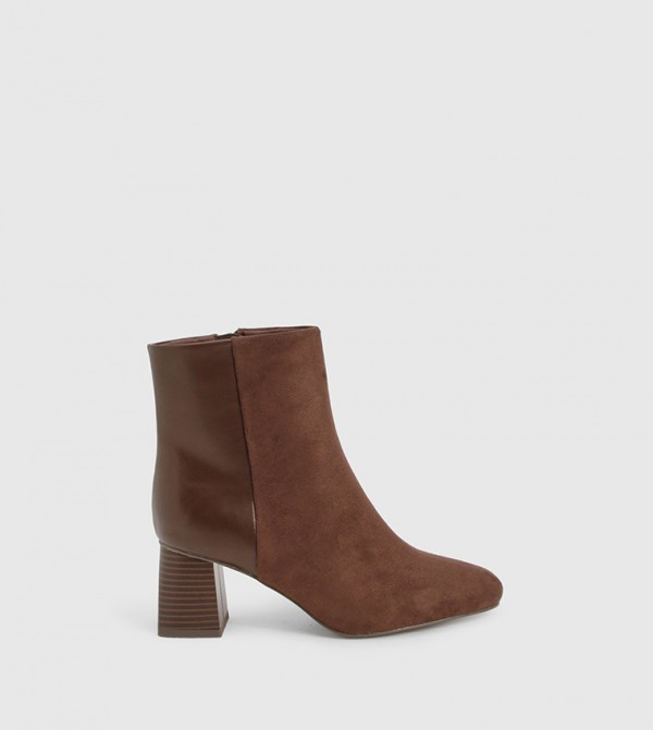 Faux Suede & Panel Block Heel Ankle Boots