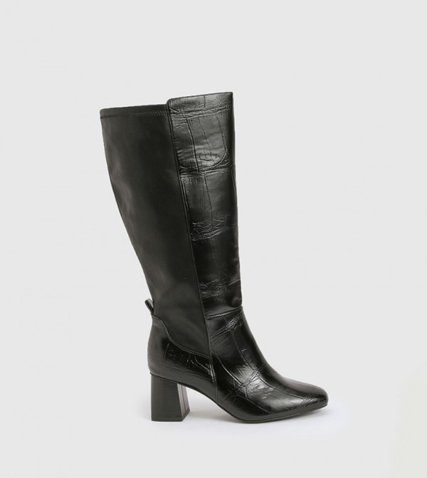 Stretch Knee High Flared Block Heel Boots