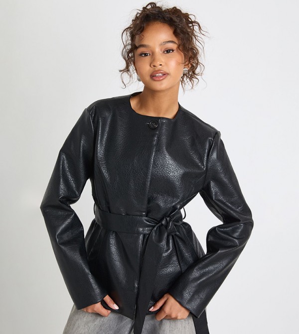 Collarless Faux Leather Trench Jacket