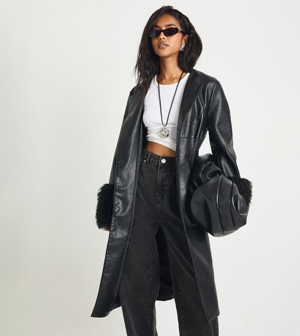 جاكيت ترنش جلد صناعي وكم فرو