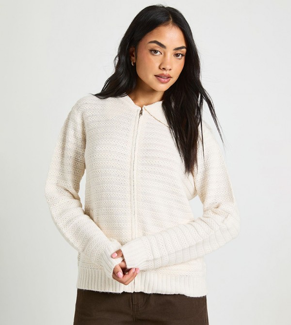 Textured Knit Collar Detail Zip Through Knitted Cardigan