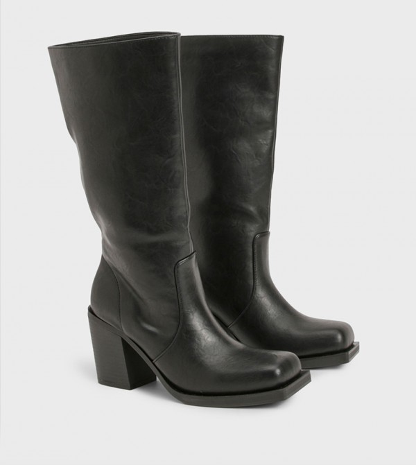 Distressed Block Heel Mid Calf Boots