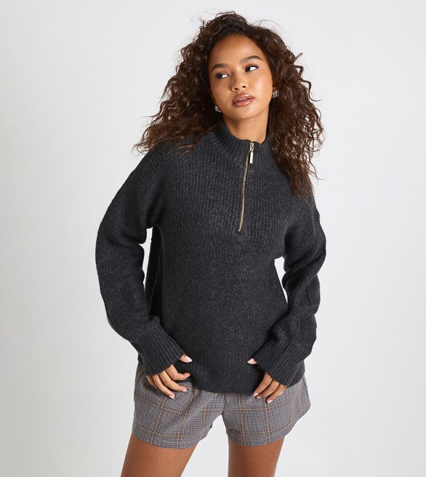 Soft Knit Knitted Zip Neck Oversized Sweater