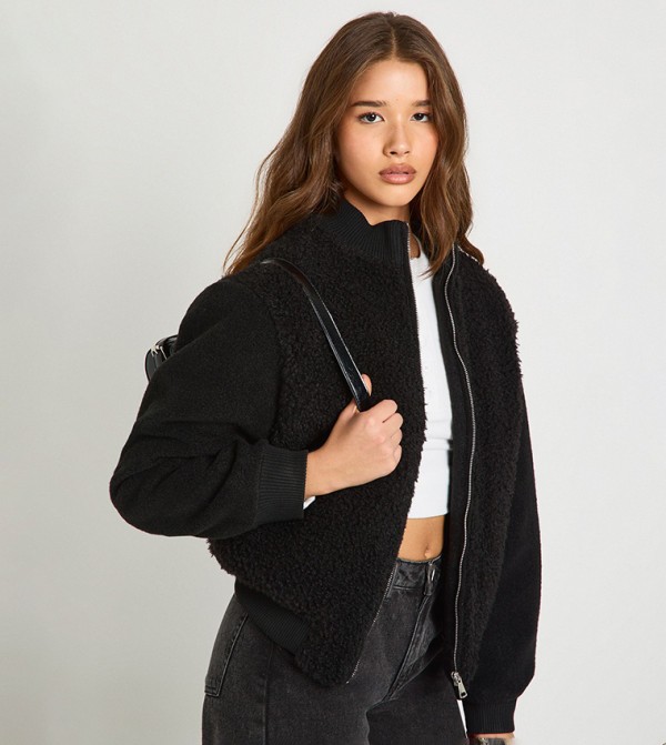 Textured High Neck Zip-Through Jacket