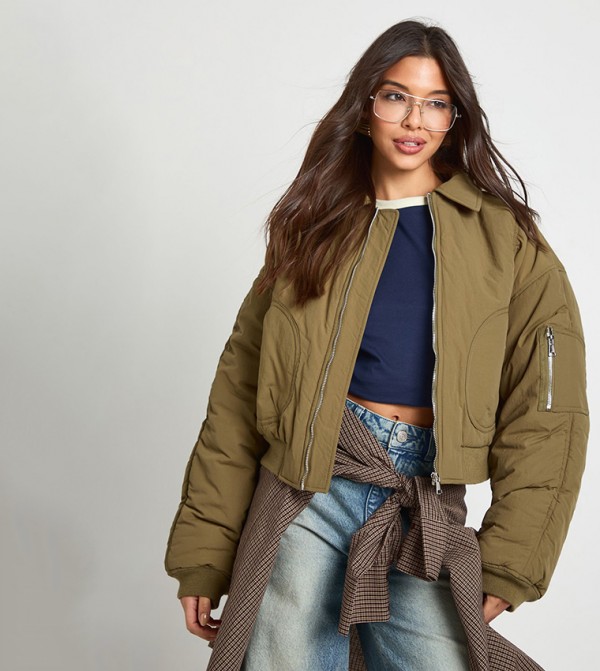 Ruched Sleeves Bomber Jacket