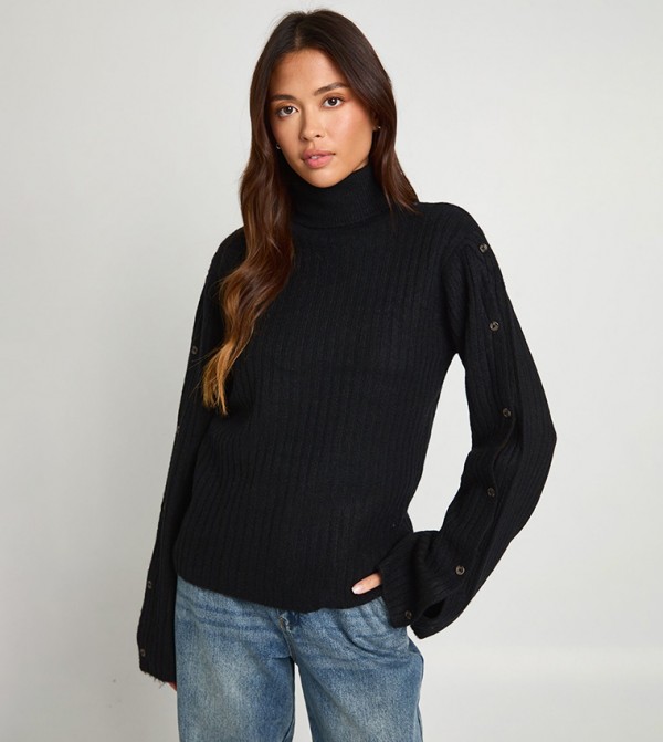 Super Soft Button Sleeves Detail High Neck Knitted Sweater