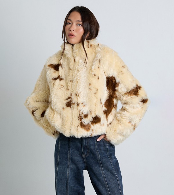 Cow Printed Fur Long Sleeves Jacket
