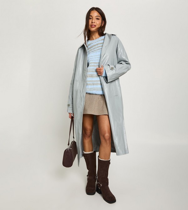 Longline Collared Faux Leather Trench Coat