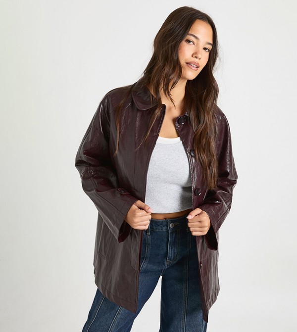 Collared Faux Leather Trench Coat