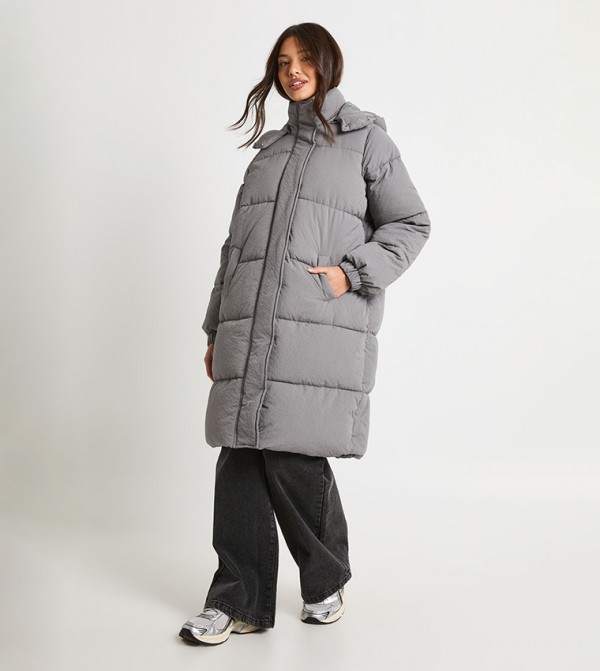 Textured Hooded Maxi Puffer Jacket