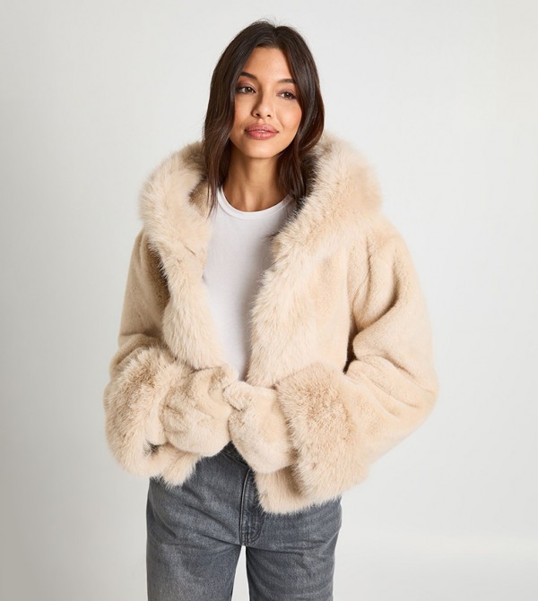 Hooded Fur Coat with Mittens