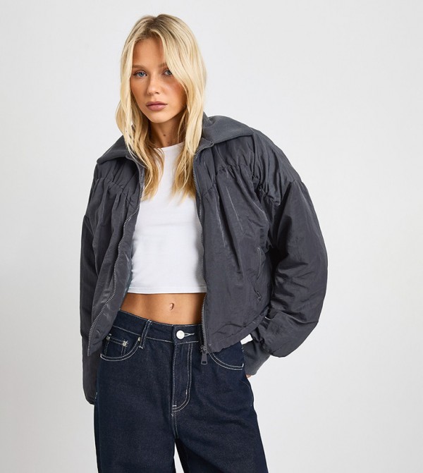 Long Sleeves Ruched Bomber Jacket