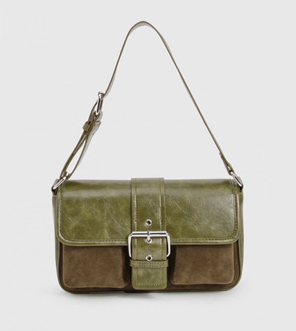 PU & Faux Suede Buckle Shoulder Bag