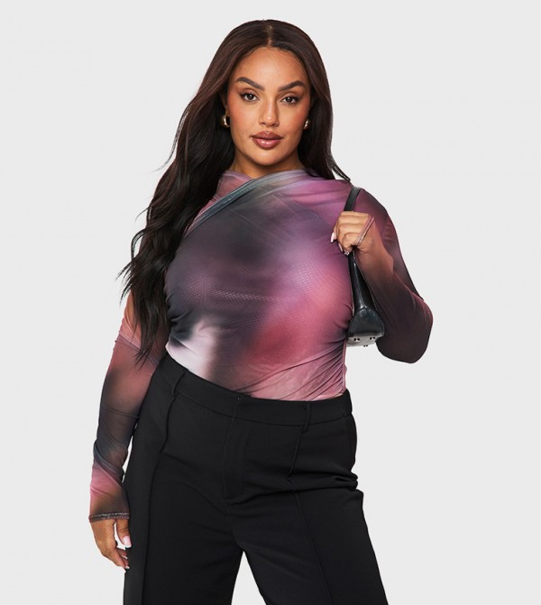 Curve Printed Mesh Cross Over Bodysuit Top