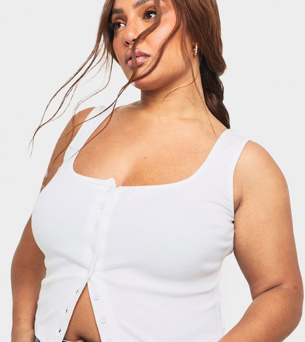 Curve Ribbed Button Through Square Neck Crop Top