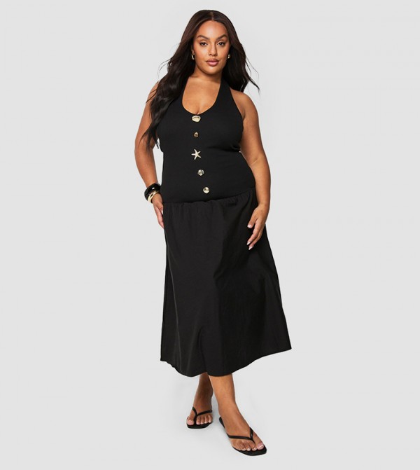 Curve Starfish Gold Trim Rib Poplin Mix Midaxi Dress