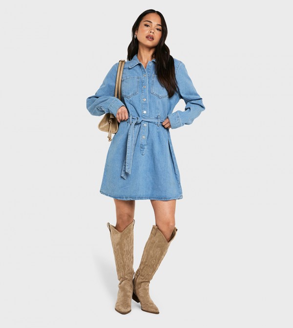 Washed Belted Denim Shirt Dress