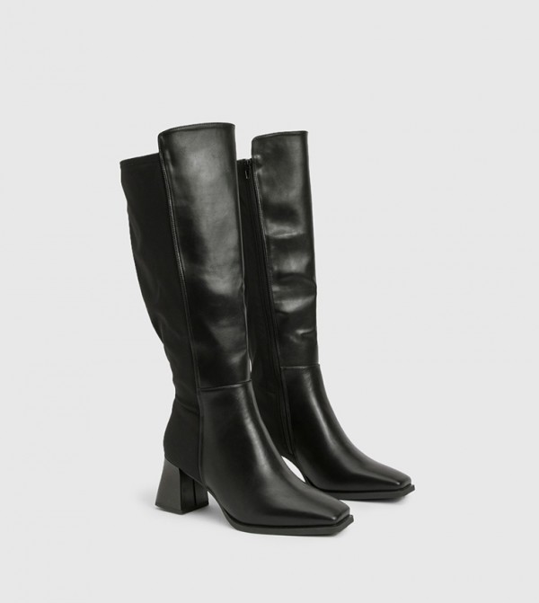 Wide Fit Stretch Flared Heel Knee High Boots