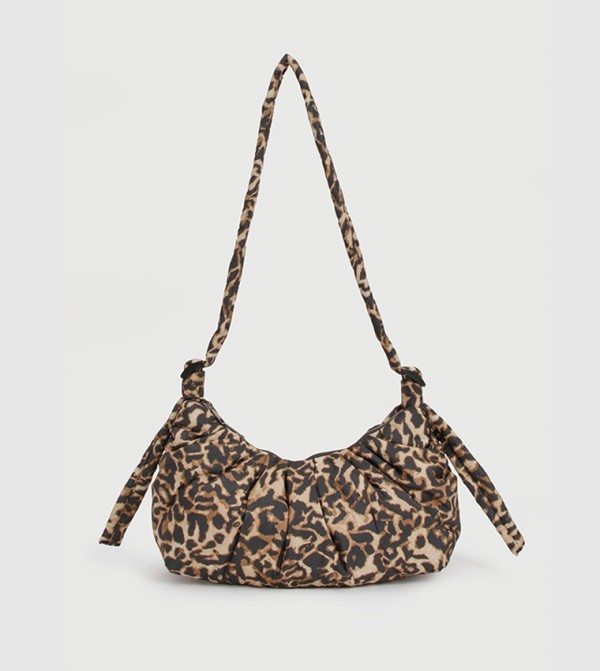 Leopard Print Ruched Nylon Shoulder Bag
