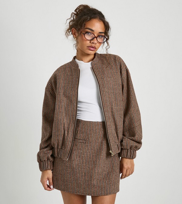Wool Look Checkered Bomber Jacket