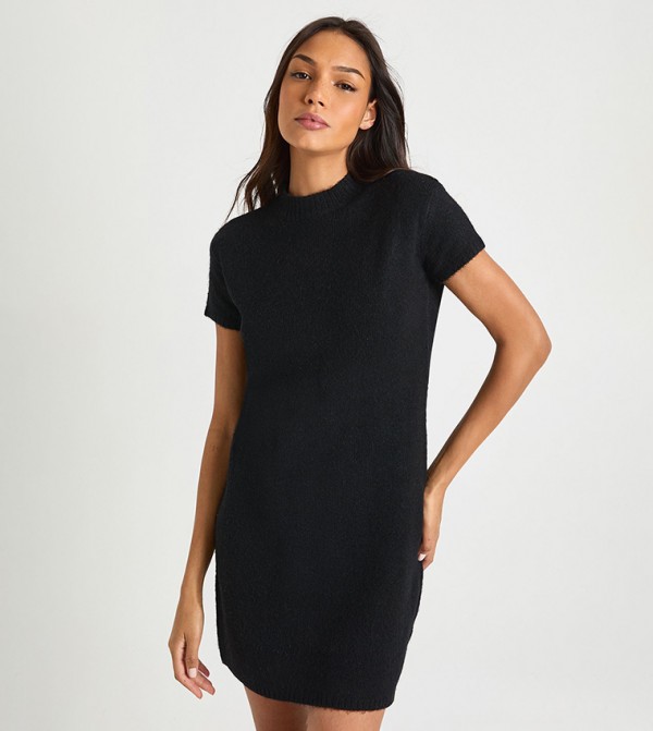 Tall High Neck Short Sleeves Mini Dress