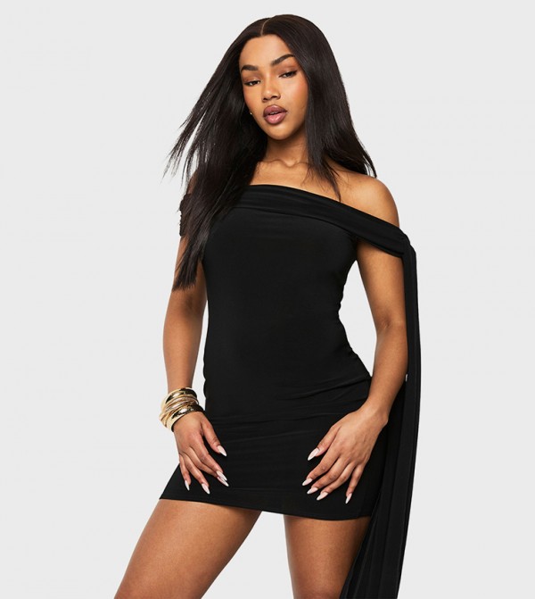 Twist Detail Off Shoulder Drape Mini Dress
