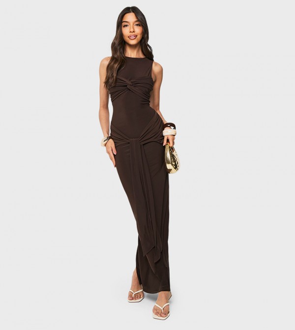 Ruched Twist Detail Crew Neck Maxi Dress