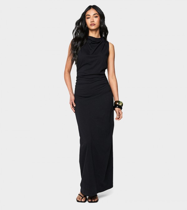 Solid High Cowl Ruched Maxi Dress