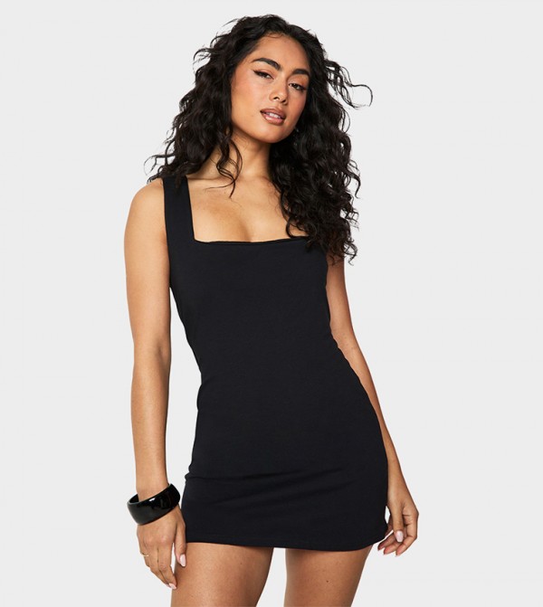 Solid Square Neck A-Line Mini Dress