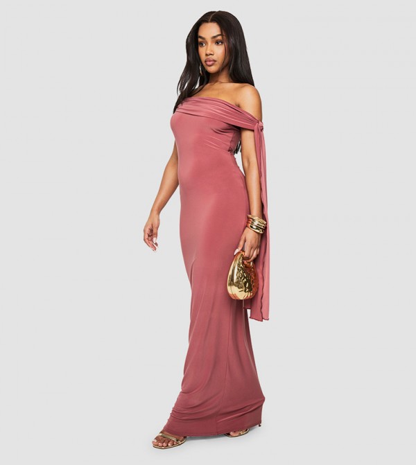 Twist Detail Off Shoulder Drape Maxi Dress