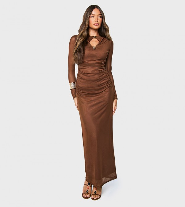 Mesh Keyhole Long Sleeves Maxi Dress
