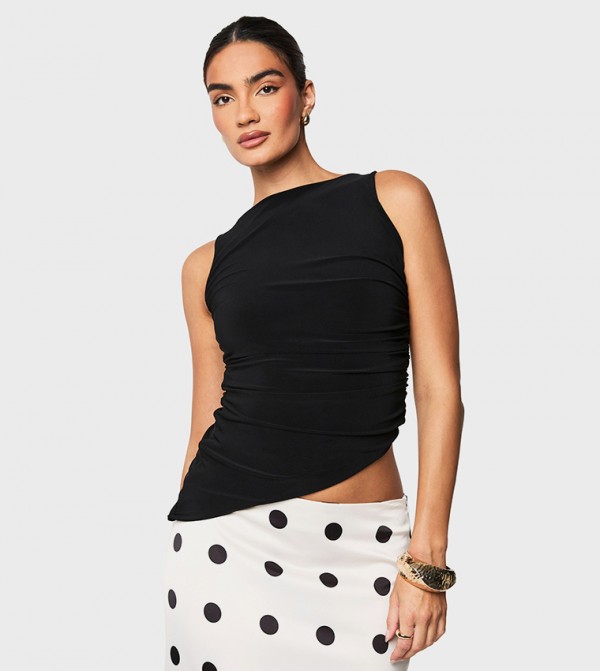 Double Layer Ruched Side Asymmetric Hem Sleeveless Top