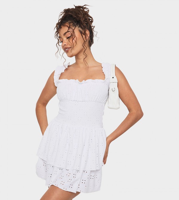Schiffli Square Neck Layered Mini Dress
