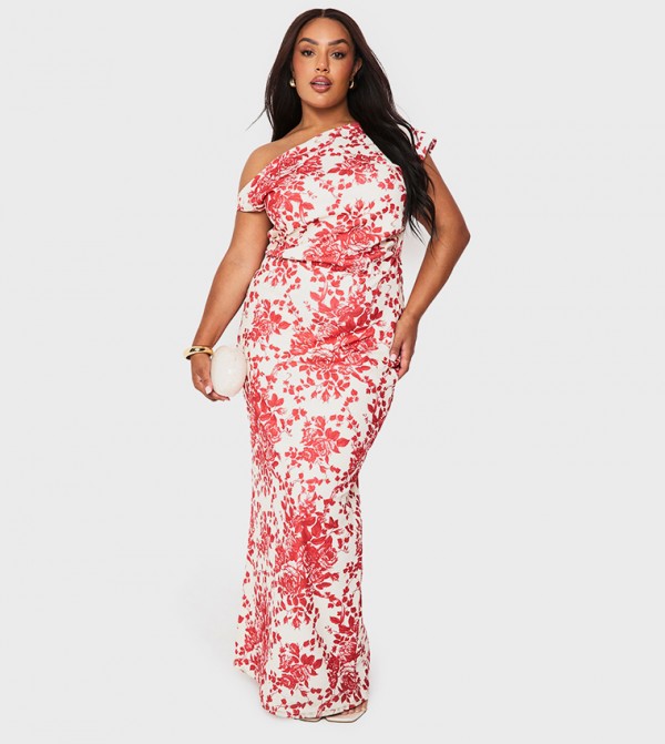 Curve Porcelain Print Ruched Asymmetric Maxi Dress