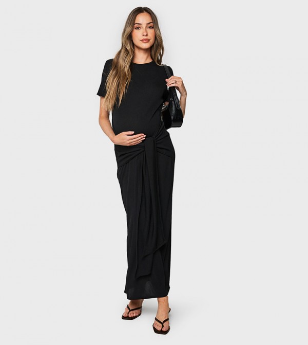 Ribbed Short Sleeves Wrap Maxi Maternity Dress