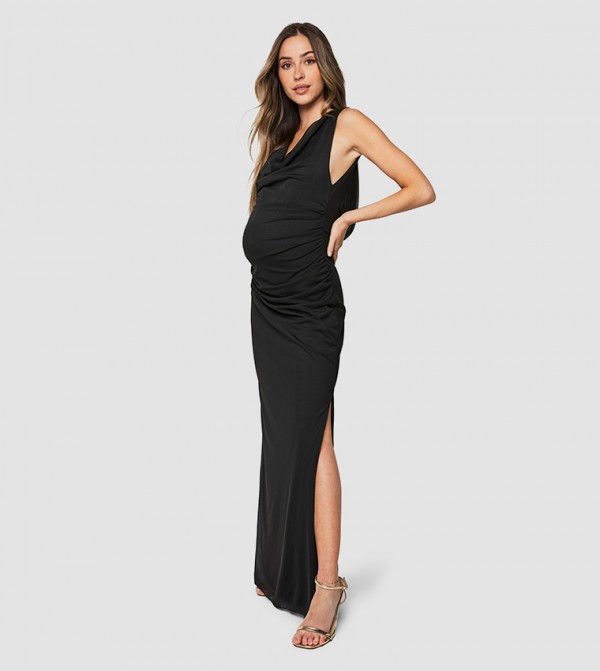 Maternity Mesh Cowl Ruched Maxi Dress