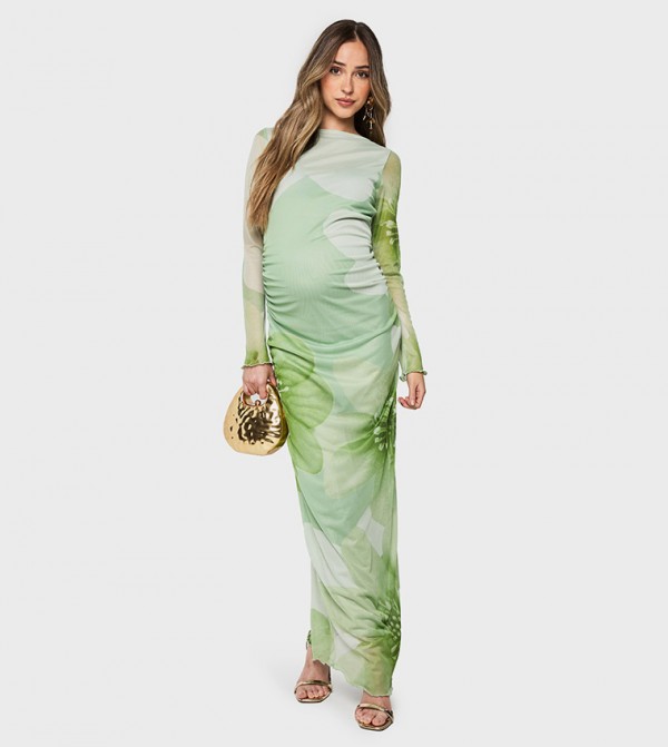 Floral Print Mesh Ruched Maternity Maxi Dress