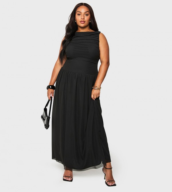 Curve Mesh Ruched Drop Hem Maxi Dress