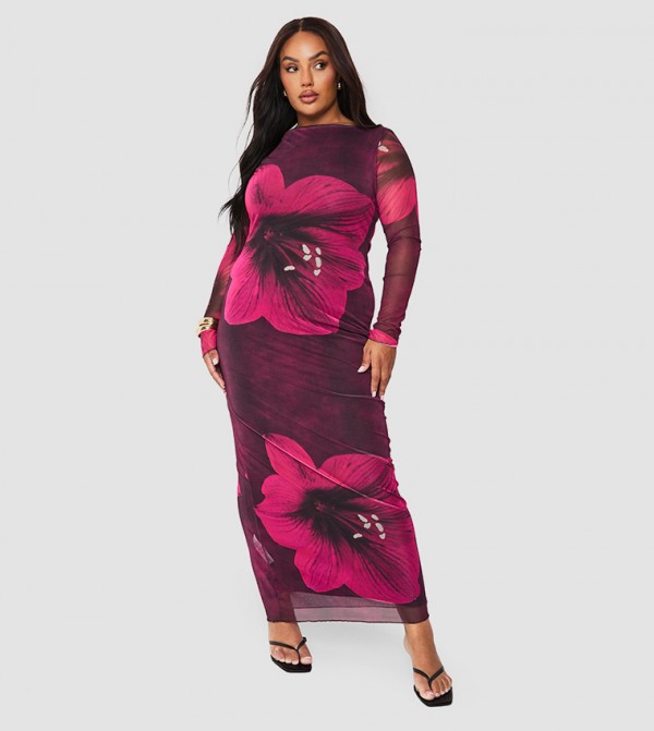 Curve Floral Mesh Maxi Dress