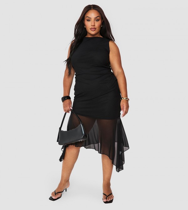 Curve Ruched Mesh Drop Hem Midi Dress