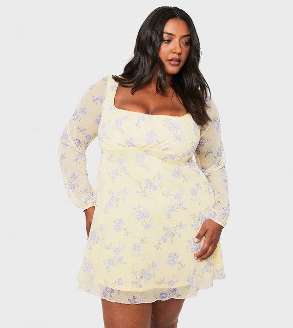 Curve Floral Print Mesh Milkmaid Mini Dress
