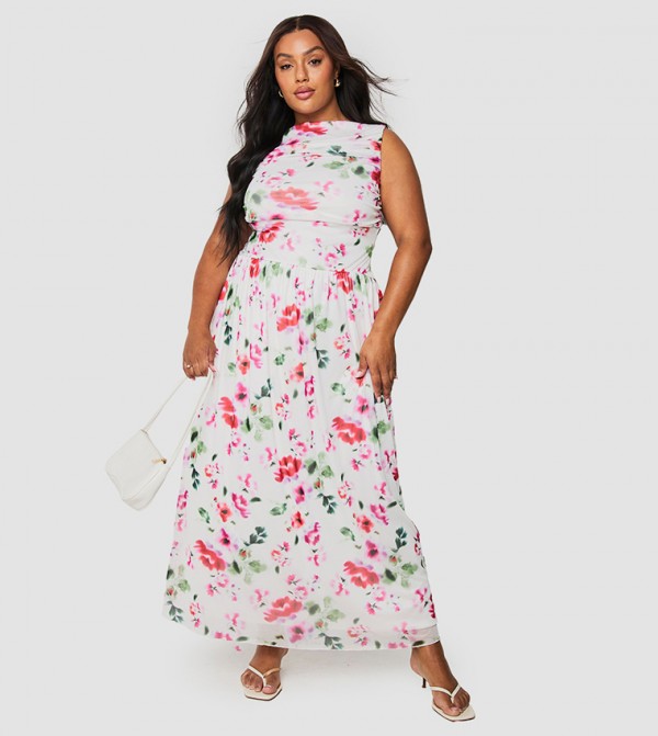 Curve Floral Mesh Ruched Drop Hem Maxi Dress