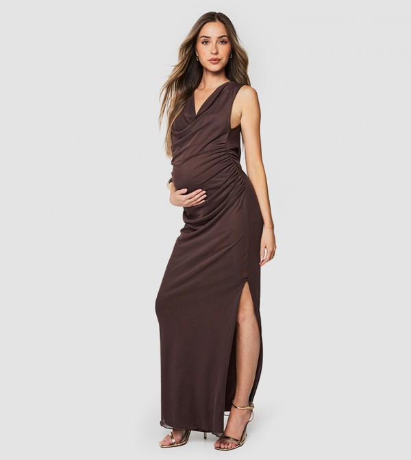 Maternity Mesh Ruched Cowl Maxi Dress
