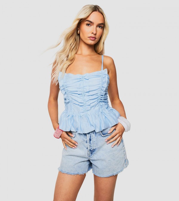 Crinkle Ruffle Ruched Shoulder Strap Top
