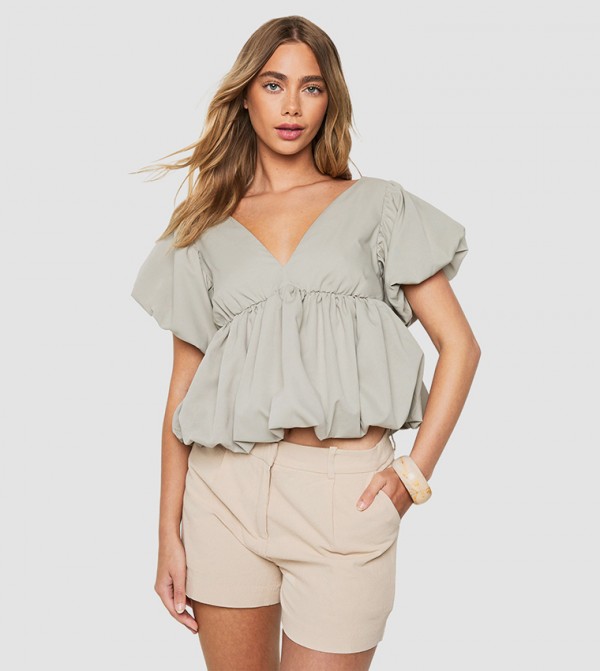 Poplin V-Neck Puffball Top